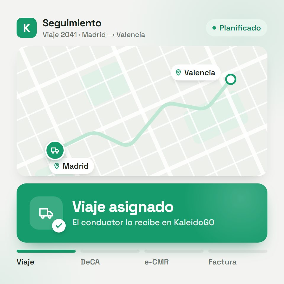 Seguimiento de un viaje de Madrid a Valencia en KaleidoTrans: viaje asignado, DeCA generado, e-CMR firmado y factura enviada a Verifactu
