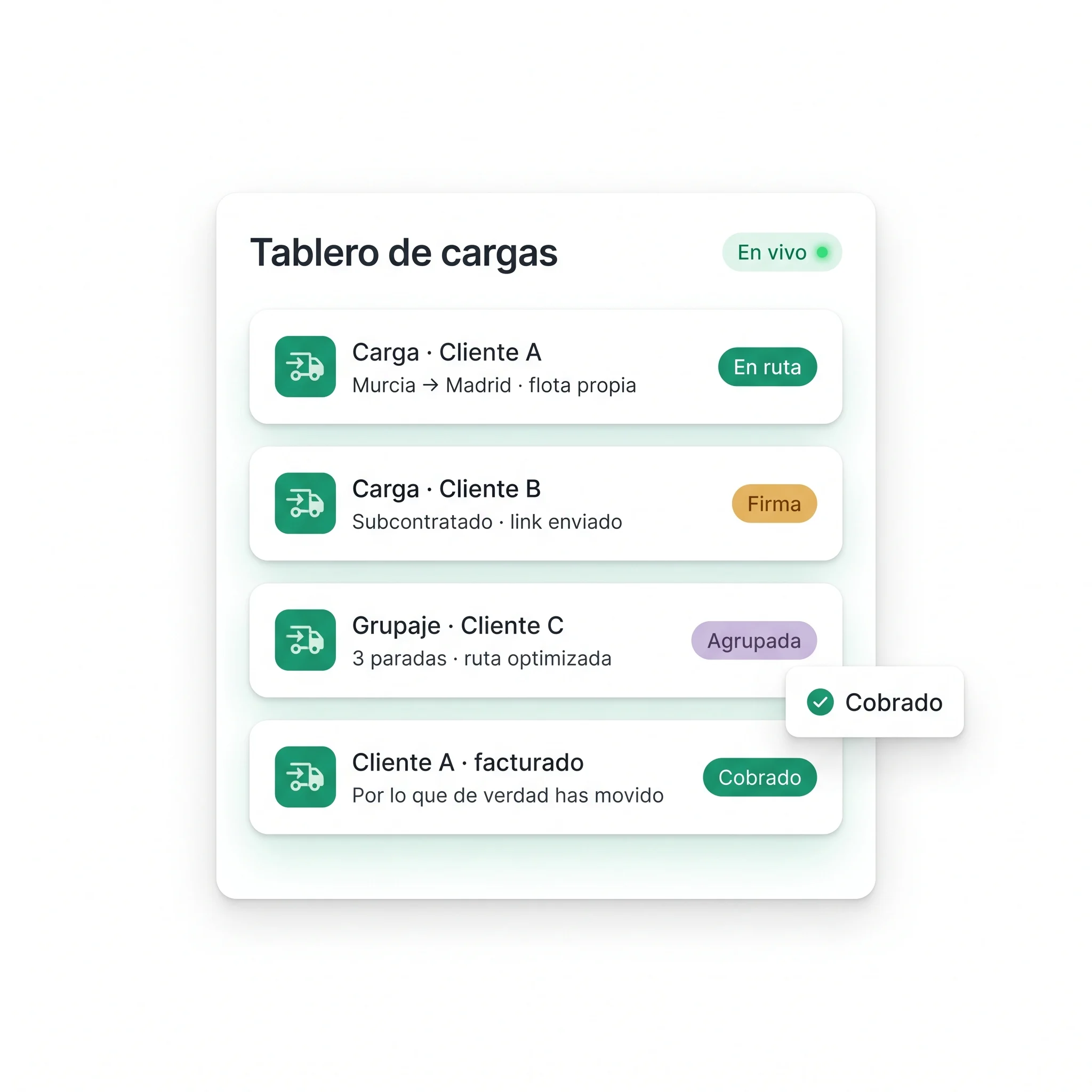 Panel del software de KaleidoTrans para operador logístico: cargas, rutas y facturación por cliente