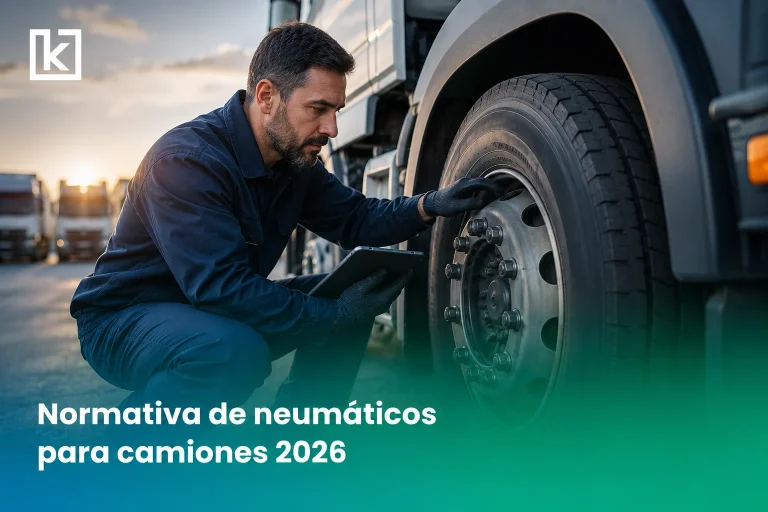 Mecánico revisa el neumático de un camión con una tablet en una flota de transporte