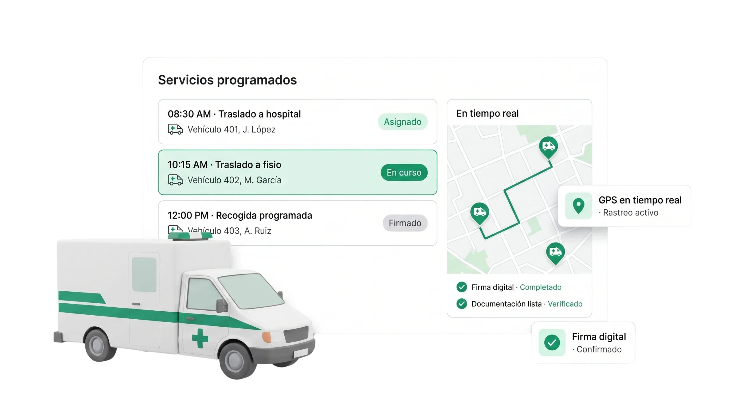 Panel de MediKal en KaleidoTrans: servicios programados de ambulancia con vehículo y conductor asignados, estados, seguimiento en tiempo real y firma digital