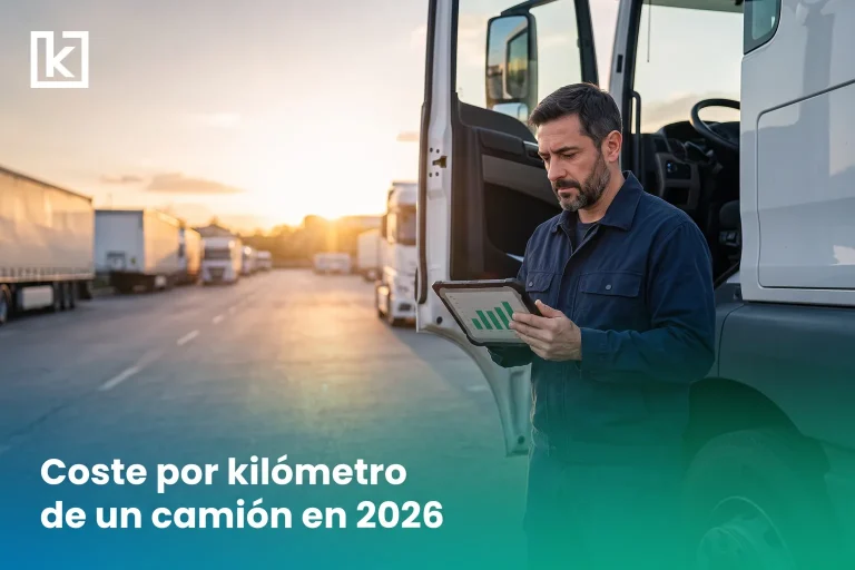 Conductor revisando en una tableta el coste por kilómetro de su camión