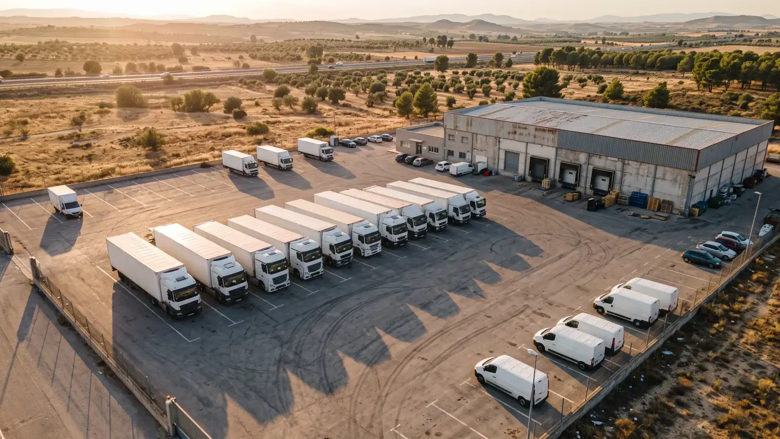 Vista aérea de la campa de una empresa de transporte con camiones y furgonetas aparcados junto a la nave al atardecer