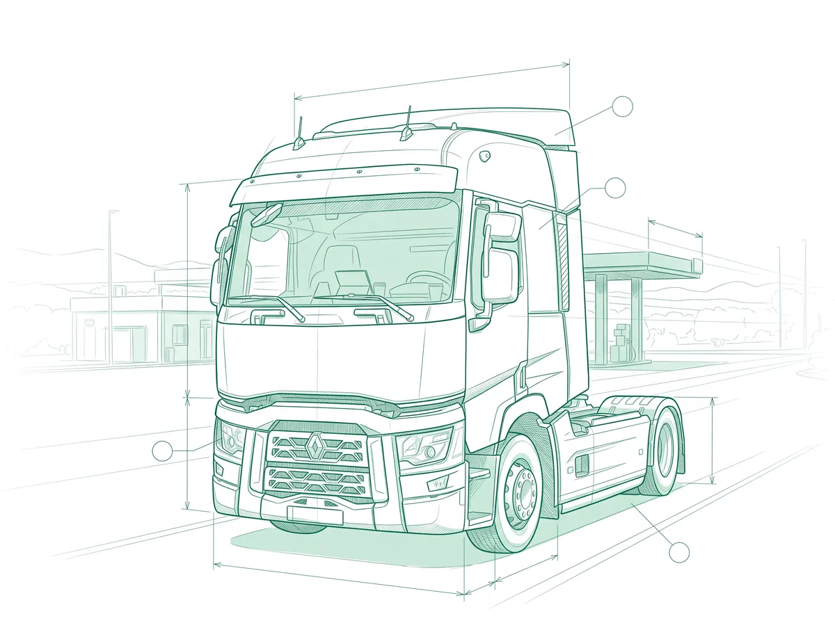 Ilustración en línea de la cabeza tractora de un transportista autónomo en un área de servicio