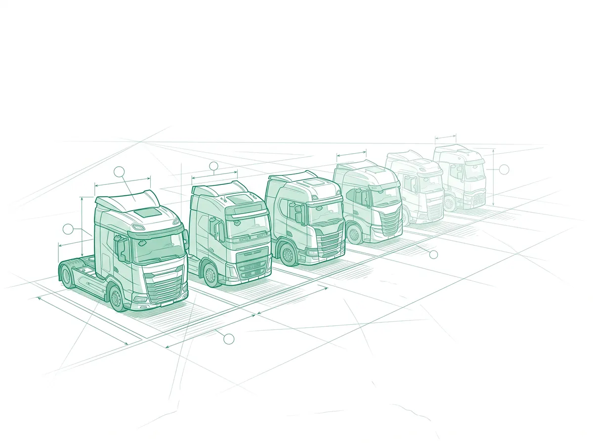 Ilustración en línea de varias cabezas tractoras aparcadas en una campa