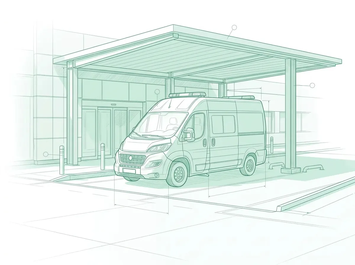 Ilustración en línea de una ambulancia de transporte sanitario bajo la marquesina de entrada de un hospital