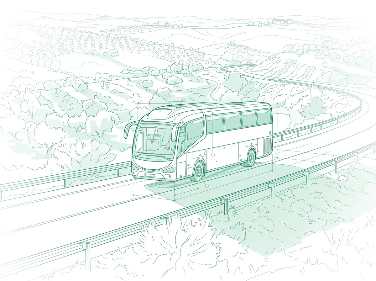 Ilustración en línea de un autocar por una carretera entre colinas