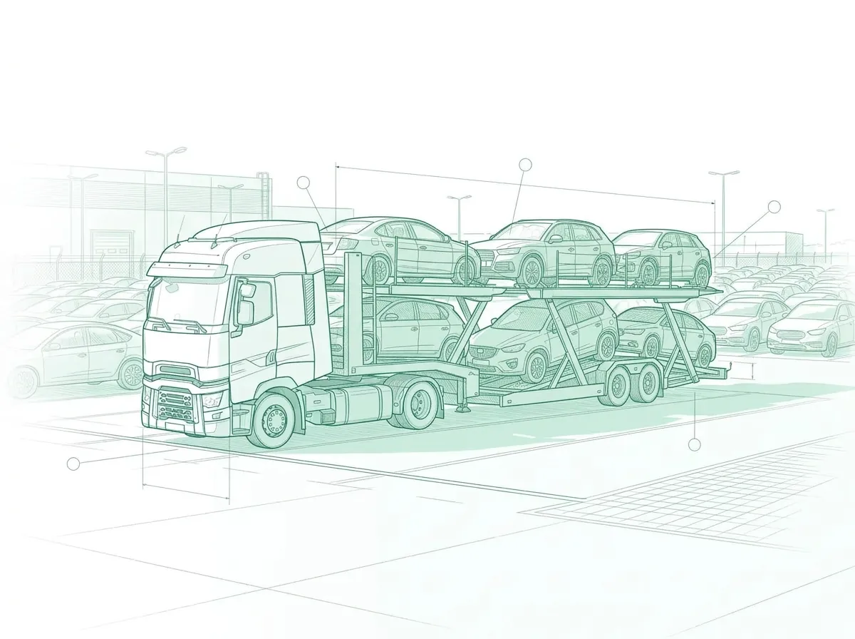Ilustración en línea de un camión portavehículos de dos alturas cargado en una campa de coches